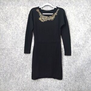 Antonio Melani Dress M Black 100% Merino Wool Beaded Embellish Elegance‎ Glamour